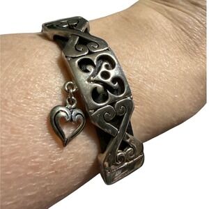 Silver Scroll Filigree Black Leather Heart Charm Bracelet Cuff